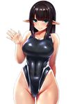  absurdres black_hair black_swimsuit breasts competition_swimsuit covered_navel cowboy_shot elf green_eyes highleg highleg_swimsuit highres ishimiso_(ishimura) large_breasts long_hair navel one-piece_swimsuit original pointy_ears simple_background solo swimsuit waving white_background 