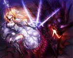  :| armor armored_dress blonde_hair breasts closed_mouth commentary_request dannrei3636 dress full_body gauntlets glowing glowing_sword glowing_weapon greaves hair_between_eyes hair_intakes holding holding_sword holding_weapon large_breasts long_hair looking_at_viewer monster original outstretched_arms pink_eyes plackart spread_arms sword thighhighs v-shaped_eyebrows weapon white_dress white_legwear 
