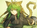  animal_ears ass atalanta_(fate) blonde_hair breasts cat_ears cat_tail commentary denim denim_shorts fate/apocrypha fate_(series) green_eyes green_hair lying medium_breasts melon22 multicolored_hair on_stomach shorts sleeves_past_wrists sweater tail two-tone_hair 