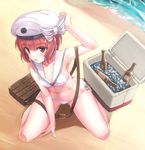  anchor bangs bare_legs beach bikini blunt_bangs bow breasts brown_eyes brown_hair cooler day full_body hat hat_bow highres ice kantai_collection konnyaku_(kk-monmon) looking_at_viewer navel outdoors sailor_bikini sailor_collar sailor_hat sand short_hair side-tie_bikini small_breasts solo swimsuit water white_bikini white_bow white_hat z3_max_schultz_(kantai_collection) 
