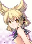 bare_shoulders blonde_hair blush closed_mouth commentary_request earmuffs hair_between_eyes looking_at_viewer neck_ribbon orange_eyes pointy_hair ribbon shirt sleeveless sleeveless_shirt smile solo takatsukasa_yue touhou toyosatomimi_no_miko upper_body 