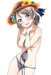  :d bikini bikini_top_removed blue_eyes blush bracelet breasts covering covering_breasts cowboy_shot eyebrows_visible_through_hair flower hat hat_flower hat_ribbon highres jewelry light_brown_hair looking_at_viewer love_live! love_live!_sunshine!! medium_breasts o-ring o-ring_bikini open_mouth ribbon rozen5 simple_background smile solo straw_hat striped striped_bikini swimsuit topless watanabe_you white_background 