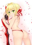  absurdres aestus_estus arched_back ass back bangs blonde_hair blush braid breasts covered_nipples fate/extra fate/extra_ccc fate_(series) green_eyes hair_intakes highres kurenai_(anohitop) long_hair looking_at_viewer looking_back medium_breasts nero_claudius_(fate) nero_claudius_(fate)_(all) petals slingshot_swimsuit strap_gap swimsuit 