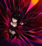  bangs black_hair black_legwear breasts cleavage closed_mouth flying hair_between_eyes highres light_smile long_hair looking_at_viewer luen_kulo medium_breasts original solo 