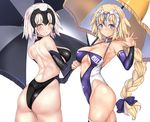  arched_back argyle_cutout ass bangs bare_shoulders blonde_hair blue_bow blue_eyes blue_leotard blush bow braid breasts chain character_name cleavage cleavage_cutout closed_mouth collar commentary_request detached_sleeves fate/apocrypha fate/grand_order fate_(series) hair_bow hand_up headpiece highres hips jeanne_d'arc_(alter)_(fate) jeanne_d'arc_(fate) jeanne_d'arc_(fate)_(all) large_breasts leotard long_braid long_hair looking_at_viewer looking_to_the_side metal_collar multiple_girls parasol race_queen short_hair silver_hair simple_background single_braid smile thighs umbrella untsue very_long_hair waving white_background yellow_eyes 