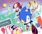  90s aoi_(aoii91) black_eyes commentary_request constricted_pupils fang gloves green_eyes highres knuckles_the_echidna male_focus multiple_boys multiple_tails no_humans one_eye_closed running shoes sneakers sonic sonic_mania sonic_the_hedgehog tail tails_(sonic) white_gloves 