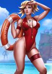  alternate_costume armpits artist_name beach blonde_hair blue_eyes breasts closed_mouth commentary covered_nipples dandon_fuga day eye_of_horus high_ponytail highleg highleg_swimsuit jewelry lifebuoy lifeguard lips looking_afar medium_breasts mercy_(overwatch) necklace no_wings one-piece_swimsuit overwatch shading_eyes solo swimsuit thigh_strap whistle 