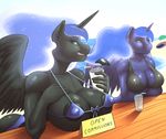  2017 anthro anthrofied big_breasts bikini breasts clothing cup duo equine feathered_wings feathers female friendship_is_magic hair hand_on_breast hi_res holding_object horn mammal megablack0x my_little_pony nightmare_moon_(mlp) princess_luna_(mlp) straw swimsuit winged_unicorn wings 