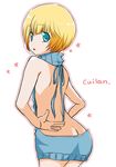  ass ass_focus back backless_dress backless_outfit bare_back blonde_hair blue_eyes blue_sweater butt_crack character_name cuilan dress halterneck kazami_mami looking_back male_focus meme_attire naked_sweater open_mouth otoko_no_ko senkou_no_ronde sleeveless sleeveless_turtleneck solo sweater sweater_dress turtleneck turtleneck_sweater virgin_killer_sweater 