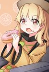  armchair blonde_hair brown_eyes brown_hat chair commentary doughnut eating food food_on_face hat holding long_sleeves looking_at_viewer matara_okina open_mouth orange_background sitting solo tabard touhou wide_sleeves yu_cha 
