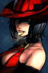  bare_shoulders black_hair blue_eyes breasts cleavage collar guilty_gear guilty_gear_xrd hankuri hat i-no medium_breasts mole mole_above_mouth mouth_hold o-ring o-ring_top plectrum red_hat short_hair witch_hat 