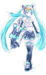  aqua_eyes aqua_hair detached_sleeves full_body gloves goggles goggles_on_head hatsune_miku headset highres kowiru long_hair looking_at_viewer midriff power_fist simple_background solo standing thighhighs twintails vocaloid 