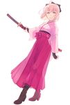  boots commentary_request cross-laced_footwear fate/grand_order fate_(series) high_heel_boots high_heels highres japanese_clothes katana kimono lace-up_boots looking_at_viewer obi okita_souji_(fate) okita_souji_(fate)_(all) pink_hair sakino_saku sash sheath sheathed short_hair smile solo sword weapon wide_sleeves yellow_eyes 