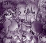  2boys 3girls :3 animal_ears blush_stickers book furry gloves hat highres long_hair made_in_abyss maruruk mitty_(made_in_abyss) mitty_(made_in_abyss)_(human) monochrome multiple_boys multiple_girls nanachi_(made_in_abyss) otoko_no_ko ponytail prushka regu_(made_in_abyss) riko_(made_in_abyss) short_hair smile tail whiskers yakibuta_(shimapow) 