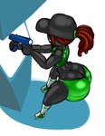  2016 animated anthro big_butt bird&#039;s-eye_view booty_shorts butt canine clothed clothing edit female footwear fur hair hat high-angle_view holding_object holding_weapon huge_butt jiggling legwear lightgun mammal natalie_grayswift norithics ranged_weapon shorts skimpy solo weapon 