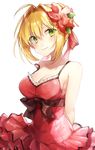  ahoge alternate_costume alternate_hairstyle arms_behind_back bangs bare_arms bare_shoulders black_bow black_ribbon blonde_hair bow breasts cleavage closed_mouth collarbone commentary_request dress eyebrows_visible_through_hair fate/grand_order fate_(series) frilled_dress frills green_eyes hair_between_eyes hair_bun hair_intakes large_breasts looking_to_the_side medium_breasts modern_costume_of_crimson nero_claudius_(fate)_(all) nero_claudius_(swimsuit_caster)_(fate) red_dress ribbon sash shiao short_hair sidelocks smile solo standing strap_slip strapless strapless_dress upper_body 