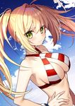  &gt;:) ahoge bangs bikini blonde_hair blue_sky blush bracelet breasts cleavage closed_mouth cloud cloudy_sky criss-cross_halter day eyebrows_visible_through_hair fate/grand_order fate_(series) floating_hair gambe green_eyes hair_between_eyes hair_intakes halter_top halterneck hand_on_hip jewelry large_breasts long_hair looking_at_viewer navel nero_claudius_(fate)_(all) nero_claudius_(swimsuit_caster)_(fate) outdoors red_bikini revision sidelocks sky smile solo striped striped_bikini swimsuit tsurime twintails upper_body v-shaped_eyebrows 
