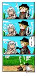  1girl 4koma altera_(fate) asaya_minoru billy_the_kid_(fate/grand_order) blonde_hair closed_eyes comic cowboy_hat fate/grand_order fate_(series) gun_twirling hat short_hair silver_hair sitting translated twitter_username 