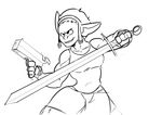  2017 black_and_white clothed clothing digital_media_(artwork) female goblin gun half-closed_eyes handgun humanoid melee_weapon monochrome muscular muscular_female ranged_weapon shirt simple_background solo sword trinket_(artist) trinket_(character) weapon white_background 