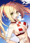  :d ahoge bangs bikini blonde_hair blue_sky blush bracelet breasts cleavage cloud cloudy_sky criss-cross_halter day eyebrows_visible_through_hair fate/grand_order fate_(series) floating_hair gambe green_eyes hair_between_eyes hair_intakes halter_top halterneck hand_on_hip jewelry large_breasts long_hair looking_at_viewer md5_mismatch navel nero_claudius_(fate)_(all) nero_claudius_(swimsuit_caster)_(fate) open_mouth outdoors red_bikini sidelocks sky smile solo striped striped_bikini swimsuit teeth tsurime twintails upper_body v-shaped_eyebrows 