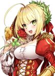  :d ahoge bangs blonde_hair blush breasts cleavage commentary_request epaulettes eyebrows_visible_through_hair fate/extra fate_(series) gambe green_eyes hair_intakes hand_up highres juliet_sleeves large_breasts long_sleeves looking_at_viewer nero_claudius_(fate) nero_claudius_(fate)_(all) open_mouth puffy_sleeves sidelocks simple_background smile solo upper_body v-shaped_eyebrows white_background 