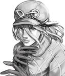  character_name closed_mouth diego_brando gloves greyscale hat jojo_no_kimyou_na_bouken lips looking_at_viewer male_focus medium_hair monochrome ogros simple_background solo steel_ball_run turtleneck white_background 