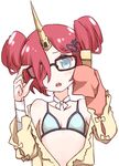  :o adjusting_eyewear bandages bespectacled bikini blue_bikini blue_eyes blush collarbone double_bun fate/apocrypha fate/grand_order fate_(series) frankenstein's_monster_(fate) frankenstein's_monster_(swimsuit_saber)_(fate) glasses hair_ornament hair_over_one_eye hairclip horn i.u.y james_moriarty_(fate/grand_order) looking_at_viewer red_hair simple_background sleeves_past_wrists solo swimsuit upper_body white_background 