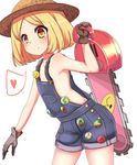  arm_up armpits badge blonde_hair chainsaw chawan_(yultutari) denim denim_shorts fate/grand_order fate_(series) flat_chest gloves hat heart highres holding naked_overalls overalls paul_bunyan_(fate/grand_order) short_hair short_shorts shorts smile solo spoken_heart sun_hat weapon yellow_eyes 