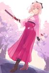  boots cherry_blossoms commentary cross-laced_footwear fate/grand_order fate_(series) high_heel_boots high_heels highres japanese_clothes katana kimono lace-up_boots looking_at_viewer obi okita_souji_(fate) okita_souji_(fate)_(all) pink_hair sakino_saku sash sheath sheathed short_hair smile solo sword weapon wide_sleeves yellow_eyes 