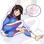  anus ass bodysuit breasts brown_eyes brown_hair bunny d.va d.va_(overwatch) face_paint feet gloves hana_song headset leggings lip_biting naughty_face navel nipples overwatch pussy sexually_suggestive solefy soles speech_bubble spread_anus spread_anus_under_clothes tagme 