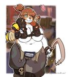  2017 anthro arnachy arthropod belly breasts brown_hair butterfly canine chain clothed clothing cosplay dog female green_eyes hair holding_object holding_weapon hook insect mammal overwatch overweight overweight_female roadhog_(overwatch) smile solo video_games weapon 