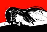  bangs blunt_bangs board_game hair_ornament jizo long_hair lying monochrome on_stomach parted_lips persona persona_5 red_background shougi tougou_hifumi 