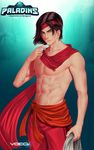  abs artist_name bare_shoulders brown_hair copyright_name green_eyes headband highres male_focus navel nipples paladins scar scarf sha_lin shirtless solo upper_body vocox 