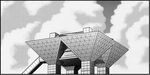  building cloud cloudy_sky commentary_request greyscale kaname_aomame monochrome no_humans real_life sky tokyo_big_sight windowboxed 