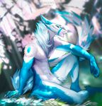  2017 5_fingers angiewolf blue_eyes blue_fur blurred_background claws detaile_background fur grass male navel sergal sitting smile solo white_fur 
