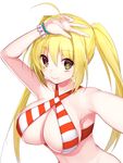  arm_up bangs bead_bracelet beads bikini bracelet breasts cleavage closed_mouth commentary_request criss-cross_halter eyebrows_visible_through_hair fate/grand_order fate_(series) green_eyes hair_between_eyes halterneck jewelry large_breasts long_hair looking_at_viewer mogullaz nero_claudius_(fate)_(all) nero_claudius_(swimsuit_caster)_(fate) reaching_out red_bikini self_shot sidelocks simple_background smile solo striped striped_bikini swimsuit twintails upper_body v white_background 