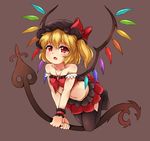  alternate_costume bare_shoulders between_breasts black_hat black_legwear blonde_hair breasts brown_background bushi_(1622035441) fang flandre_scarlet full_body hat hat_ribbon highres holding holding_weapon jewelry laevatein looking_at_viewer miniskirt mob_cap navel necklace pleated_skirt red_eyes red_ribbon red_skirt ribbon simple_background skirt small_breasts solo stomach thighhighs touhou weapon wings wrist_cuffs 