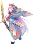  aiming arrow bow_(weapon) drawing_bow floral_print full_body hair_ornament hair_over_one_eye holding holding_arrow holding_bow_(weapon) holding_weapon jurakudai_(oshiro_project) long_hair official_art oshiro_project oshiro_project_re outstretched_arm pink_hair red_eyes sho_(runatic_moon) solo thighhighs transparent_background very_long_hair weapon white_legwear 