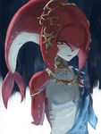  absurdres commentary fins fish_girl hair_ornament half-closed_eyes highres jewelry lipstick makeup mipha multicolored multicolored_skin na_(oagenosuke) necklace solo the_legend_of_zelda the_legend_of_zelda:_breath_of_the_wild upper_body yellow_eyes zora 