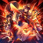  3girls :d \m/ bangs barefoot binoculars black_hair blush brother_and_sister buster_shirt commentary_request fate_(series) gun hair_between_eyes hat headphones headphones_around_neck holding holding_instrument instrument jacket keikenchi_(style) letterman_jacket long_hair looking_at_viewer military_hat multiple_girls multiple_persona musket oda_nobukatsu_(fate/grand_order) oda_nobunaga_(fate) oda_nobunaga_(swimsuit_berserker)_(fate) open_clothes open_jacket open_mouth peaked_cap red_eyes red_shirt rifle shirt shorts siblings skirt skull smile striped striped_shorts striped_skirt t-shirt weapon white_skirt yunohito 