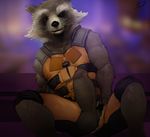  anthro balls big_balls big_penis biped brown_fur cheek_tuft clothed clothing erection front_view fully_clothed fur fur_tuft grin guardians_of_the_galaxy humanoid_penis looking_at_viewer male mammal marvel penis penis_through_fly poking_out raccoon rocket_raccoon sitting smile soft_shading solo toes tuft uncut unzipped zomacaius 
