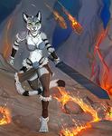 4_toes anthro araivis-edelveys bikini_armor breasts cat chest_tuft clothed clothing digitigrade feline female fire fur green_eyes grey_fur holding_object holding_weapon looking_at_viewer mammal melee_weapon midriff navel pink_nose smile solo sword toes tuft weapon white_fur 