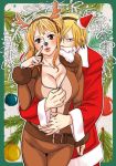  1girl blonde_hair breasts cleavage large_breasts long_hair nami_(one_piece) one_piece orange_hair sanji topless 