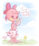  &lt;3 animal_crossing anthro arched_back bangs bare_shoulders barefoot black_eyes blue_sky bow cephalopod clothing cloud day detailed_background dialogue digital_media_(artwork) dress english_text eyebrows eyelashes female flat_chested flower full-length_portrait grass hair_bow hair_ribbon leaf looking_at_viewer marina_(animal_crossing) marine motion_lines multi_leg multi_limb multicolored_skin nini_(artist) nintendo octopus open_mouth pink_heart pink_skin plant polka_dots portrait raised_eyebrows ribbons side_view signature sky solo speech_bubble standing suction_cup tentacles text video_games waving white_clothing white_dress white_skin yellow_skin 