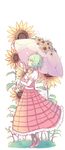  ascot breasts bug butterfly commentary dress_shirt flower frills from_side full_body green_hair high_heels highres insect juliet_sleeves kazami_yuuka long_sleeves looking_up nga_(artist) open_clothes open_vest parasol parted_lips plaid plaid_skirt plaid_vest profile puffy_sleeves red_eyes shirt short_hair skirt skirt_set small_breasts solo standing sunflower touhou umbrella vest wavy_hair white_shirt 