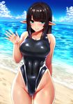  aqua_eyes bangs bare_arms bare_shoulders beach black_hair black_swimsuit blunt_bangs breasts closed_mouth collarbone commentary_request competition_swimsuit covered_navel cowboy_shot day elf eyebrows eyebrows_visible_through_hair groin hand_up hands highleg highleg_swimsuit ishimiso_(ishimura) large_breasts long_hair looking_to_the_side navel nose ocean one-piece_swimsuit original outdoors pointy_ears solo standing sunlight sweat swimsuit water waving 