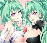  2girls blush bodysuit breast_press breasts choujigen_game_neptune cleavage commentary_request covered_nipples cum cum_on_body cum_on_upper_body cumdrip dual_persona ejaculation ejaculation_between_breasts gloves green_hair green_heart heart heart-shaped_pupils hetero kami_jigen_game_neptune_v large_breasts long_hair looking_at_viewer multiple_girls multiple_paizuri neptune_(series) nipples open_mouth paizuri penis pink_background ponytail pov power_symbol purple_eyes sereneandsilent shiny shiny_hair shiny_skin solo_focus symbol-shaped_pupils symmetrical_docking tied_hair uncensored upper_body very_long_hair 