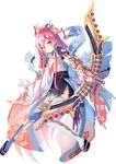  absurdly_long_hair bow_(weapon) broken broken_weapon covering covering_breasts floral_print full_body hair_ornament hair_over_one_eye holding holding_bow_(weapon) holding_weapon jurakudai_(oshiro_project) long_hair official_art oshiro_project oshiro_project_re pink_hair red_eyes sho_(runatic_moon) solo thighhighs torn_clothes transparent_background very_long_hair weapon white_legwear 