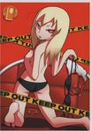  barefoot bikini blonde_hair candy caution_tape food freckles highres imaizumi_teruhiko jeane_(nmh) keep_out kneeling lollipop long_hair looking_back mouth_hold no_more_heroes red_eyes scan soles solo swimsuit topless 