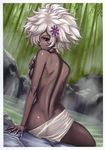  afro ass back bamboo bamboo_forest breasts dark_skin eiwa fingernails forest hair_ornament hair_over_one_eye highres long_fingernails looking_back nature no_more_heroes nude onsen shinobu_jacobs short_hair sideboob small_breasts steam towel water white_hair 